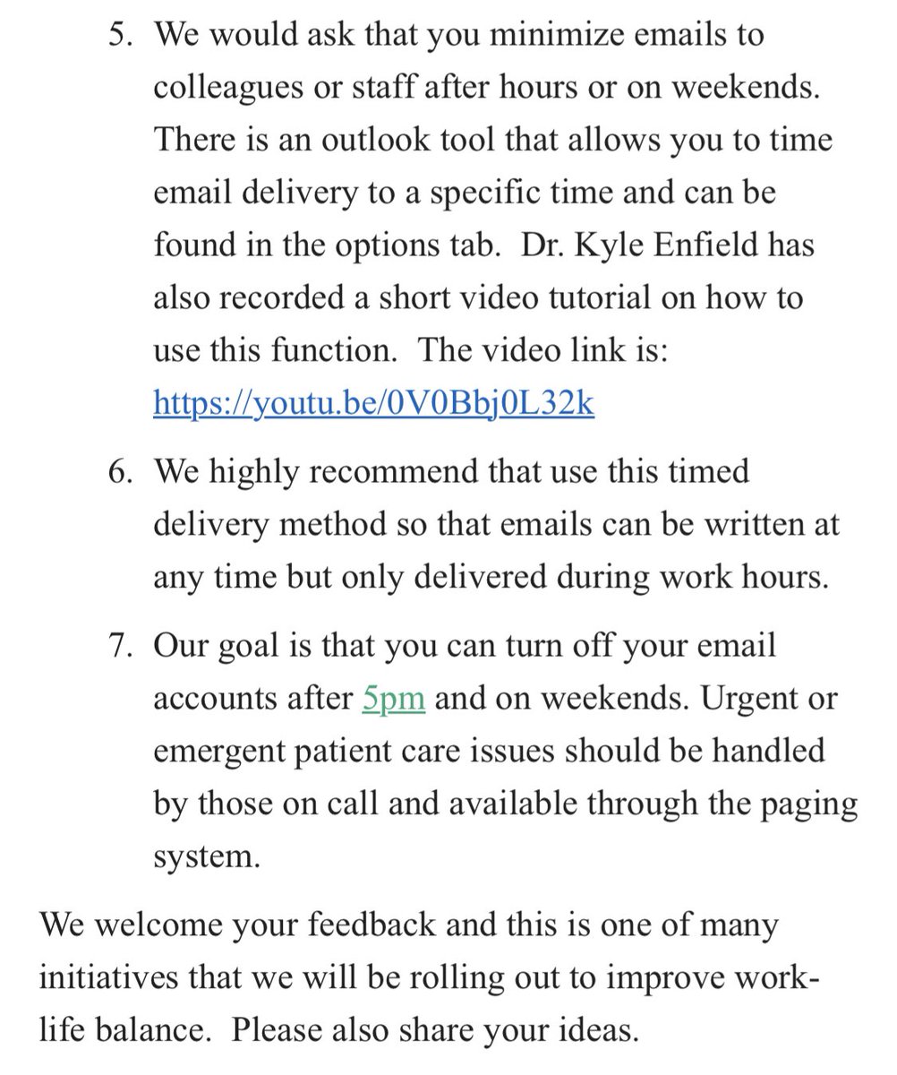 The sense that you can’t disconnect from work is a major source of burnout in academic medicine. In the @UvaDOM we’re rolling out a new email guideline for faculty and staff to help alleviate this. I don’t expect it to be perfect, but it’s worse to not try something.