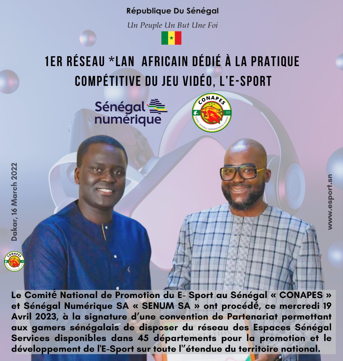 FESSEDA_Esports's tweet photo. Le Sénégal devient le 1er Pays en Afrique à lancer un réseau LAN dédié à la pratique compétitive du jeu vidéo.,L’E-Sport, à la suite de la cérémonie de signature d'une convention, ce mercredi 19 Avril 2023, entre le « CONAPES » et le Sénégal Numérique SA « SENUM SA » EX ADIE. https://t.co/OPSPXZyr21