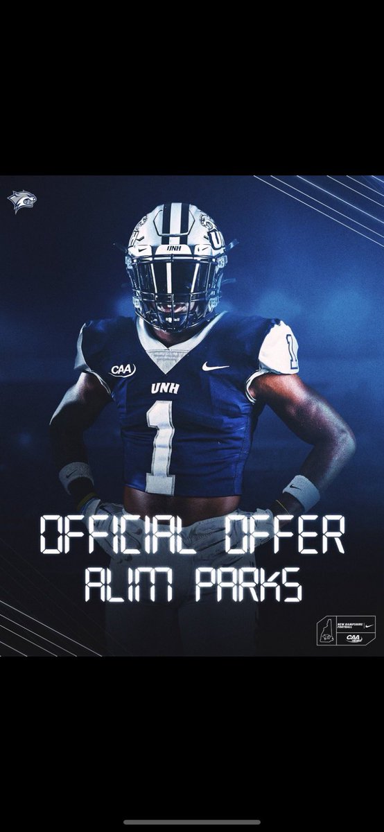 AlimParks's tweet photo. #AGTG After a great conversation with @CoachWatkinsUNH I am truly blessed to receive my first D1 offer from University of New Hampshire, thank you to everyone who believed in me @cedar_football @cay3_ @GOTMASWAGGABaCk @MParks31 @CoachLewis_shec https://t.co/n7o3emmsiJ