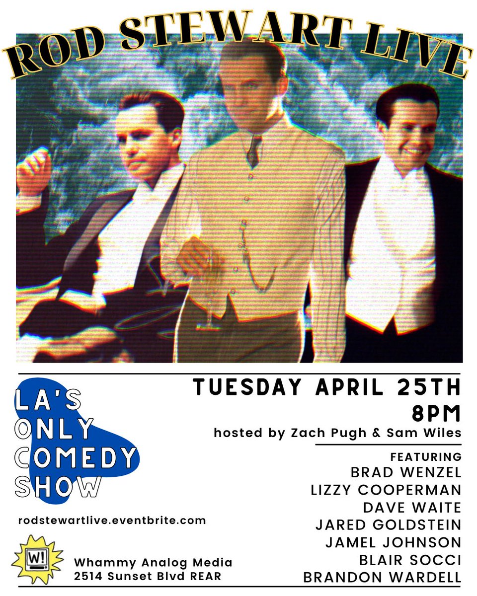 Rod Stewart Live! (@rodstewartlive) on Twitter photo TONIGHT! This one’s a real heater with <a href="/BRANDONWARDELL/">Brandon Wardell</a> <a href="/davewaitecomedy/">dave waite</a> @NonProfitComic @lizzycooperman <a href="/BradWenzel/">Brad Wenzel</a> @blairsocci <a href="/VoteSamWiles/">Sam Wiles</a>
tickets: rodstewartlive.eventbrite.com TONIGHT! This one’s a real heater with <a href="/BRANDONWARDELL/">Brandon Wardell</a> <a href="/davewaitecomedy/">dave waite</a> @NonProfitComic @lizzycooperman <a href="/BradWenzel/">Brad Wenzel</a> @blairsocci <a href="/VoteSamWiles/">Sam Wiles</a>
tickets: rodstewartlive.eventbrite.com