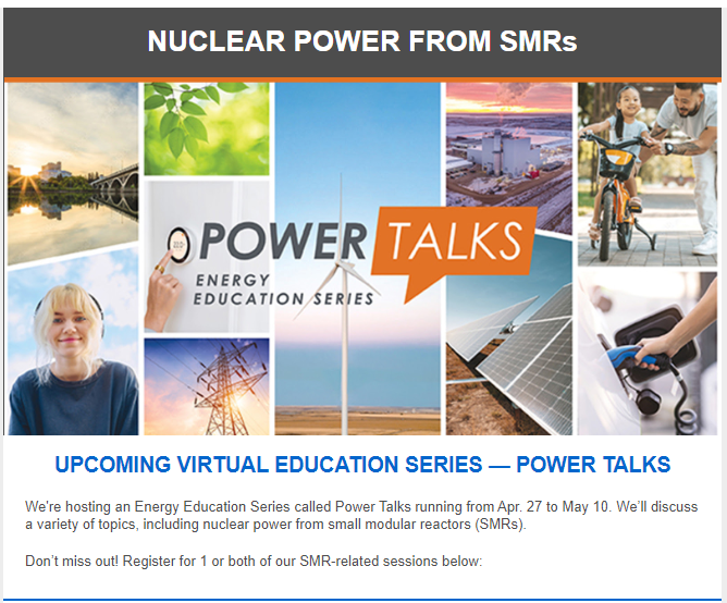 brahmneufeld's tweet photo. Register for upcoming "Power Talks" on April 27 and May 2 to learn more about Nuclear Power from Small Modular Reactors! 

https://t.co/fsE3TtDZP5

#skenergy #skpower #SkNuclear https://t.co/00krKXxYHN