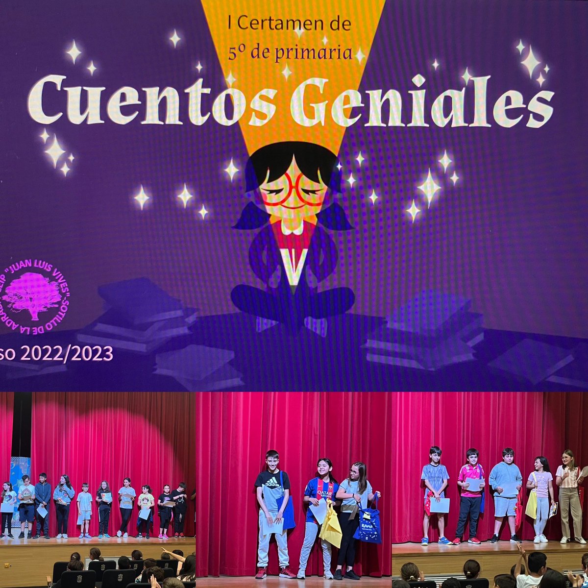 colesotillo's tweet photo. Ayer celebramos el día del libro en el teatro y al finalizar se dieron a conocer los finalistas y ganadores del certamen de cuentos geniales de 5º de primaria. Podéis disfrutar de todos ellos en nuestra web o en https://t.co/2HiIdQhbBV https://t.co/hdHS593Z3E