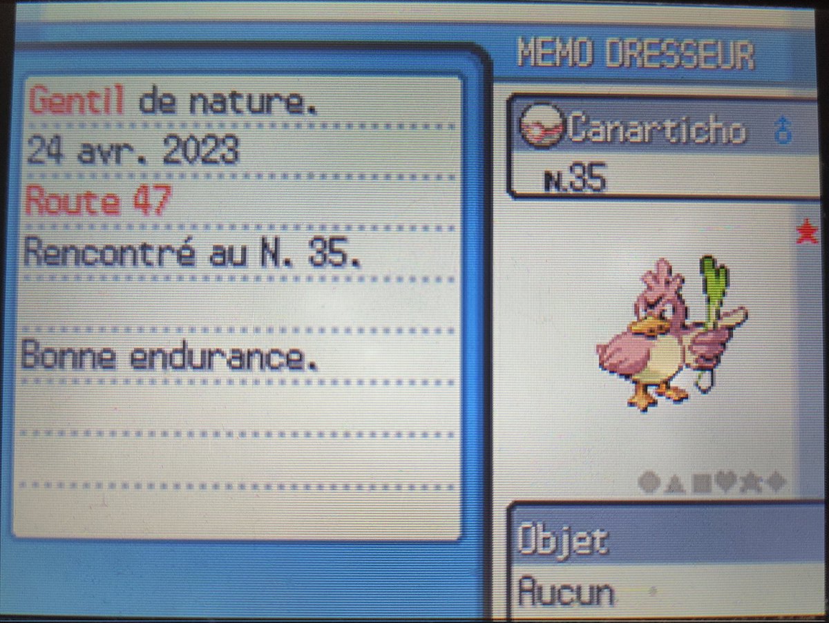 Canarticho shiny en 3848 rencontres sur HG !! Go phase 3 pour Écrémeuh, la zone est très sympa.