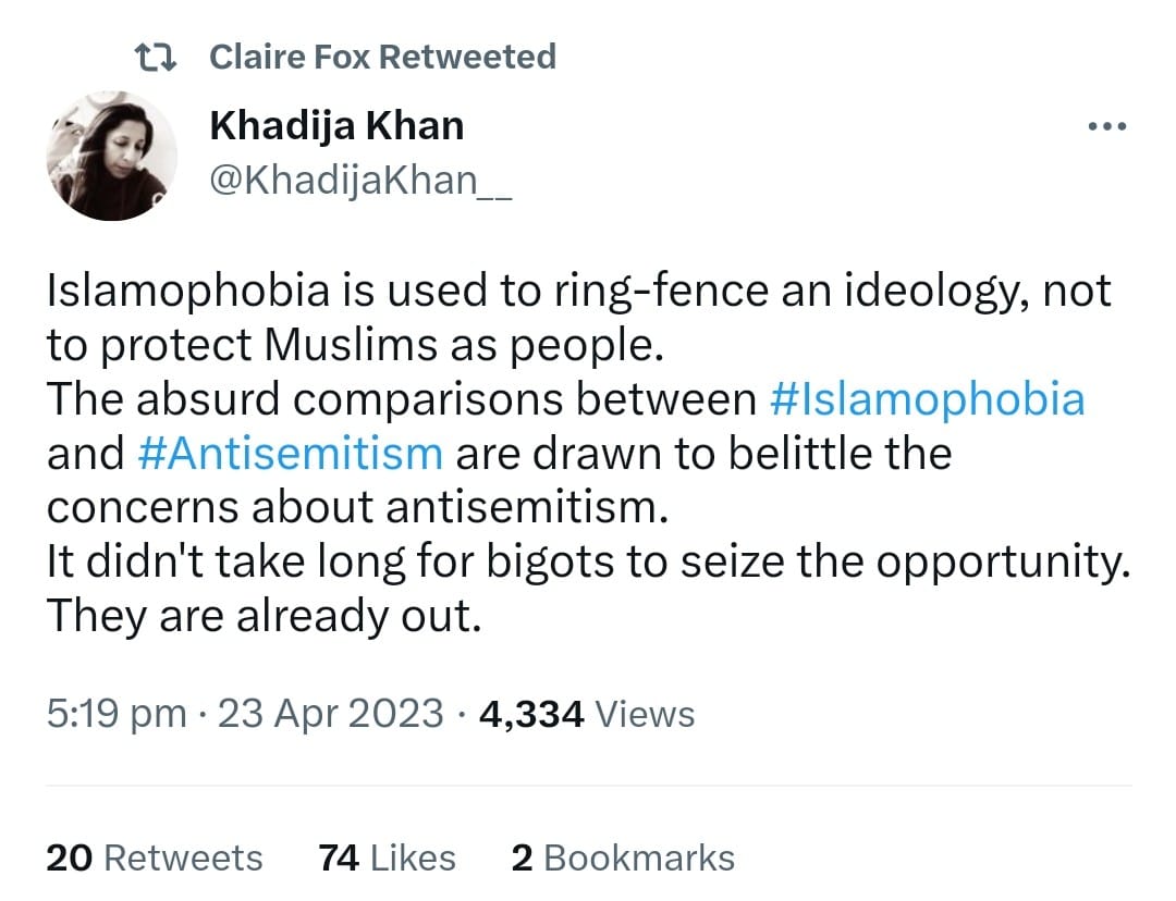 mendcommunity's tweet photo. This is a terrible denial of Islamophobia. 
What makes it worse is that it has been retweeted by a member of the House of Lords, Claire Fox. 
Will there be any disciplinary outcomes?
@UKHouseofLords @LordSpeaker https://t.co/Y8fjBDsj3G