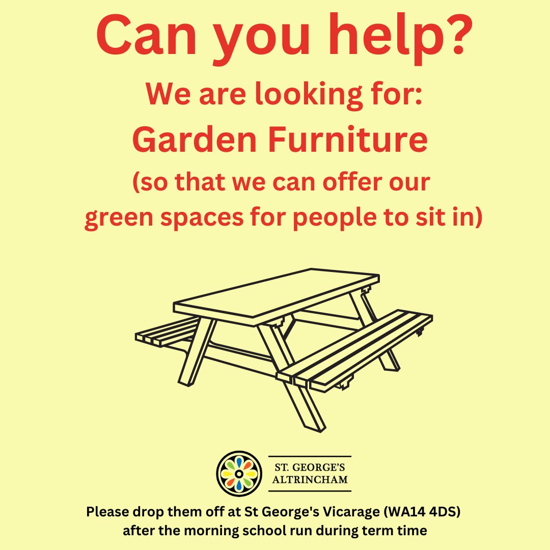 StGeorgesAlty's tweet image. If you have anything similar, we are on the lookout for garden furniture and outdoor toys (slides etc) in a decent state for our various community groups to use when the weather warms up.   #Community #MakeADifference #RecyleReuse #BlessingOthers #thankful