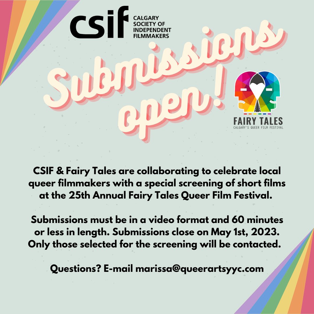 Calgary Queer Arts Society (@queerartsyyc) on Twitter photo CQAS is thrilled to partner with the awesome folks at <a href="/CSIF/">Calgary Society of Independent Filmmakers</a> to celebrate the work of local 2SLGBTQia+ filmmakers. Submit your work by May 1st and get it screened at the Fairy Tales Film Festival from June 9-18 at the <a href="/GlobeCinema/">Globe Cinema</a> Submission link bit.ly/3L80uk6 CQAS is thrilled to partner with the awesome folks at <a href="/CSIF/">Calgary Society of Independent Filmmakers</a> to celebrate the work of local 2SLGBTQia+ filmmakers. Submit your work by May 1st and get it screened at the Fairy Tales Film Festival from June 9-18 at the <a href="/GlobeCinema/">Globe Cinema</a> Submission link bit.ly/3L80uk6