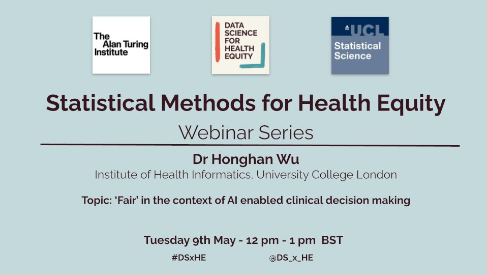 Just a few days until our next Statistical Methods for Health Equity Series webinar! 

Join us with Dr Honghan Wu (UCL) to explore the topic of '"Fair" in the context of AI-enabled clinical decision making'.

RSVP 👇

datascienceforhealthequity.com/event-details/…