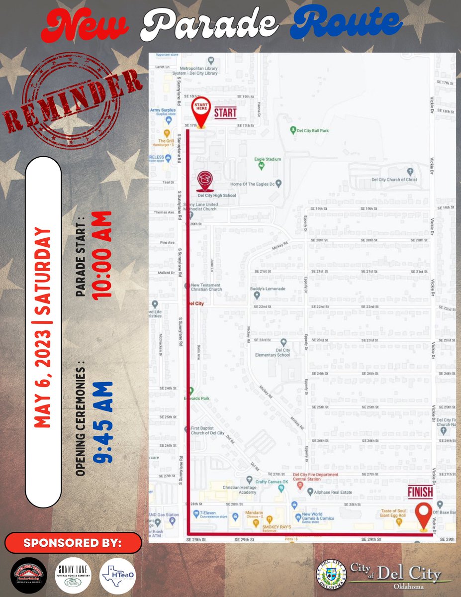 ‼️🚨‼️ Attention ‼️🚨‼️ This will be the NEW parade route this year.The beginning of the parade will now be the 1700 block of S. Sunnylane, making it easier on the marching bands, walkers & livestock. Remember 2 mark your calendar 2 join us on May 6th 4 all the fun & excitement!