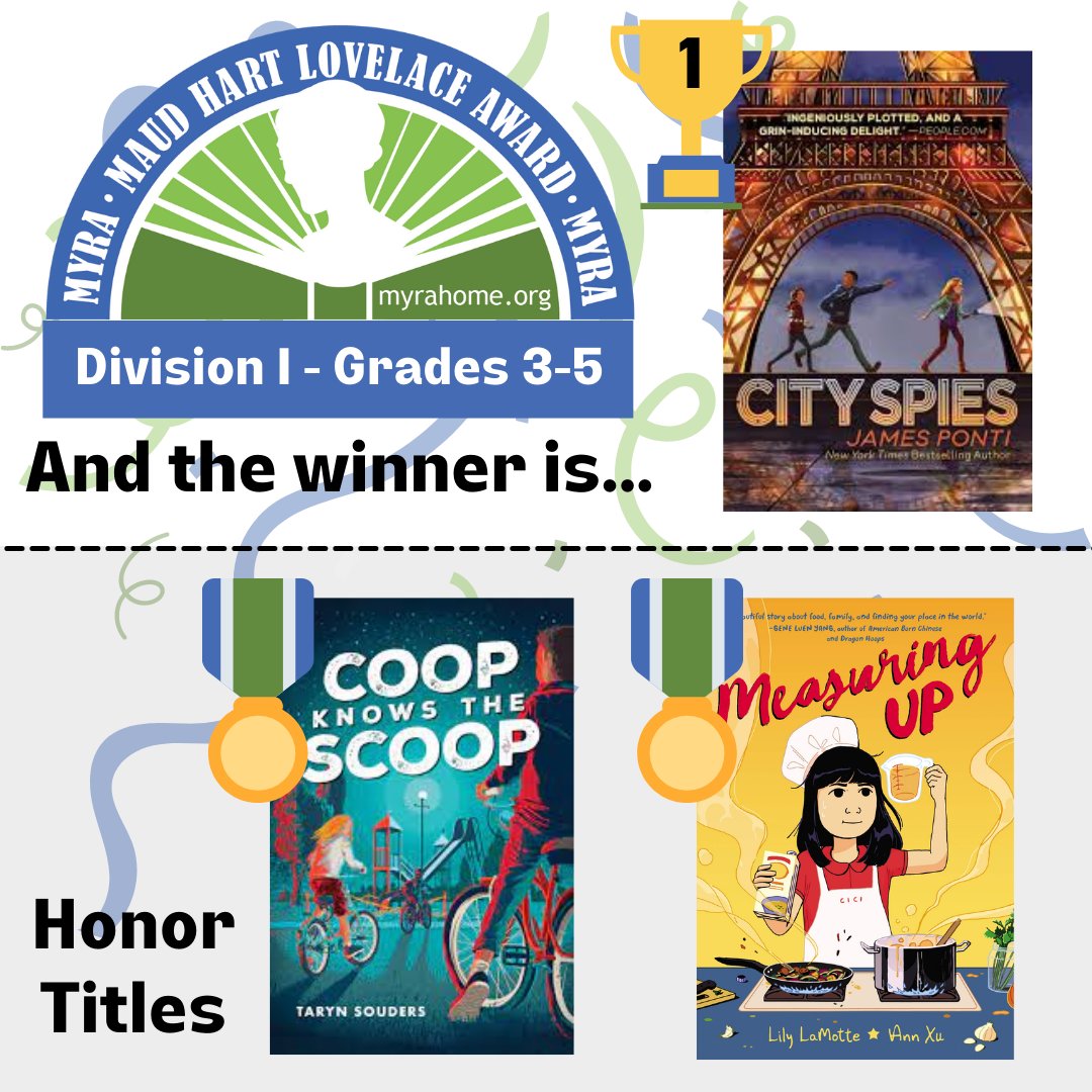 Congratulations to this year's Division 1 Maud Hart Lovelace Award Winner: City Spies by @JamesPonti ! Honors go to Coop Knows the Scoop by @TarynSouders and Measuring Up by by @LilyLaMotte (Author), Ann Xu (Illustrator)