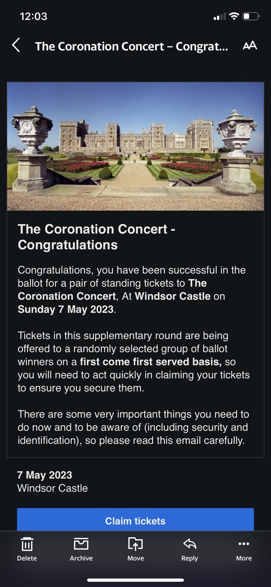 lauralaura7's tweet photo. The excitement was real this morning when I received this email for the #coronationconcert , only to be quickly brought back down to earth to be told there are no tickets available! I thought this was a ballot, not a fight for those with the quickest finger! @TicketmasterUK https://t.co/whtn7t52dR