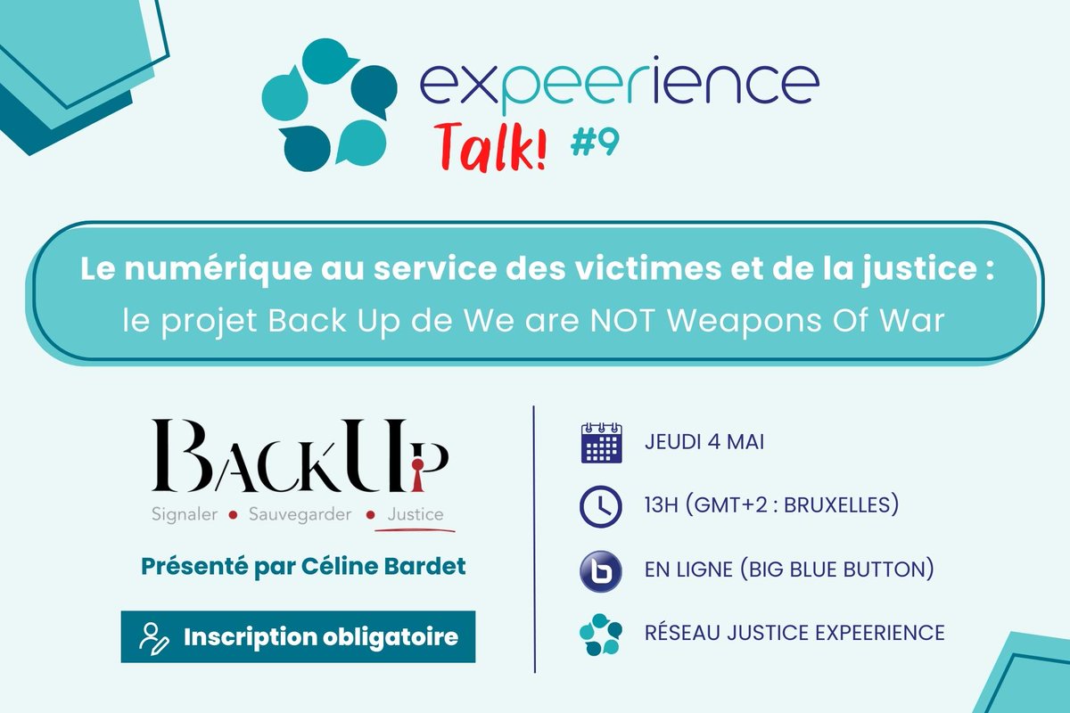 🚨 #ExPEERienceTalk #9 – Le numérique au service des victimes et de la justice : le projet Back-up de <a href="/NotAWeaponOfWar/">We are NOT Weapons Of War (WWoW)</a>, présenté par <a href="/CelineBardet/">Celine Bardet</a>

📅 4 mai 2023 - 13h (Bruxelles)  

✒️ Inscriptions ➡️ bit.ly/44dkZF0

ℹ️ Infos ➡️bit.ly/3NaJ9ts

<a href="/J_ExPEERience/">Justice ExPEERience</a>
