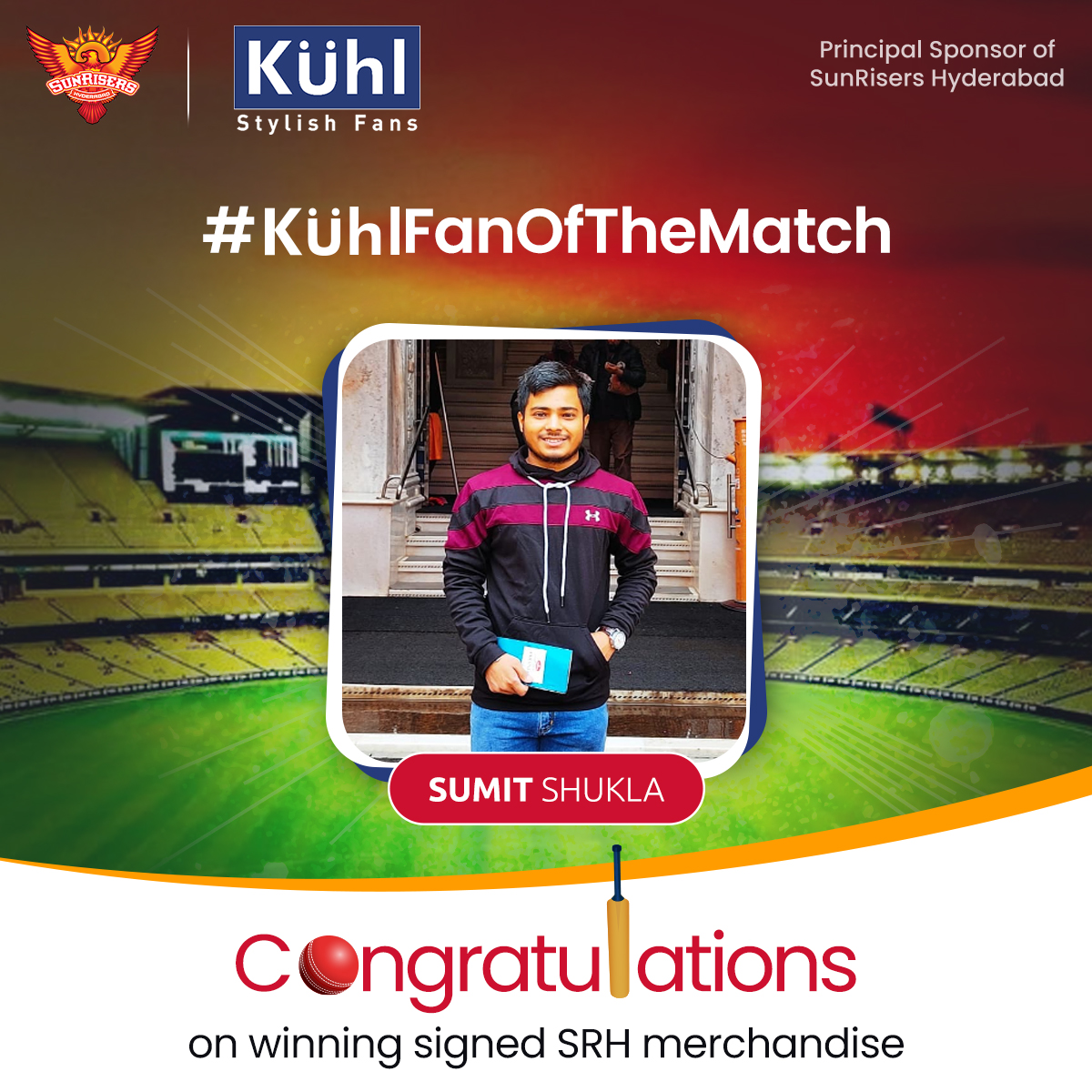 Kuhl_Lifestyle's tweet photo. We have a winner for the #KühlFanOfTheMatch contest!
Congratulations Sumit Shukla on winning SRH merchandise. Our team will contact you soon!
.
.
.
.
#Kühl #MostStylishFans #SunrisersHyderabad #ContestResults #ContestAlert #OrangeArmy #KuhlFanofTheMatch #KuhlLifestyle #Kuhl https://t.co/K4jl6UbtuQ