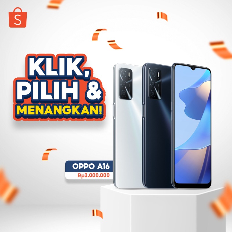 ShopeeID's tweet photo. ✨ OPPO A16 GIVEAWAY ✨

Sobat Shopee! Hari ini mimin punya OPPO A16 senilai 2 JUTA nih! Cara dapetinnya: 

 - FOLLOW @ShopeeID 
- RT &amp; LIKE tweet ini 
- KLIK banner di bawah
- REPLY warna OPPO A16 yang kamu mau, maks. 20x aja ya!

Good luck! 😆