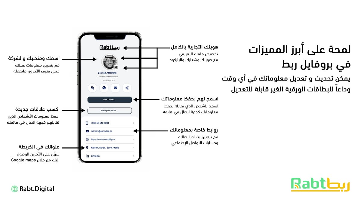 Rabt_digital's tweet photo. لمحة على أبرز المميزات في بروفايل ربط يمكن تحديث وتعديل معلوماتك في اية وقت وداعًا للبطاقات الورقية الغير قابلة للتعديل

#ربط #NFCcards #بزنس_كارد #NFC https://t.co/YfN4iFIh9h