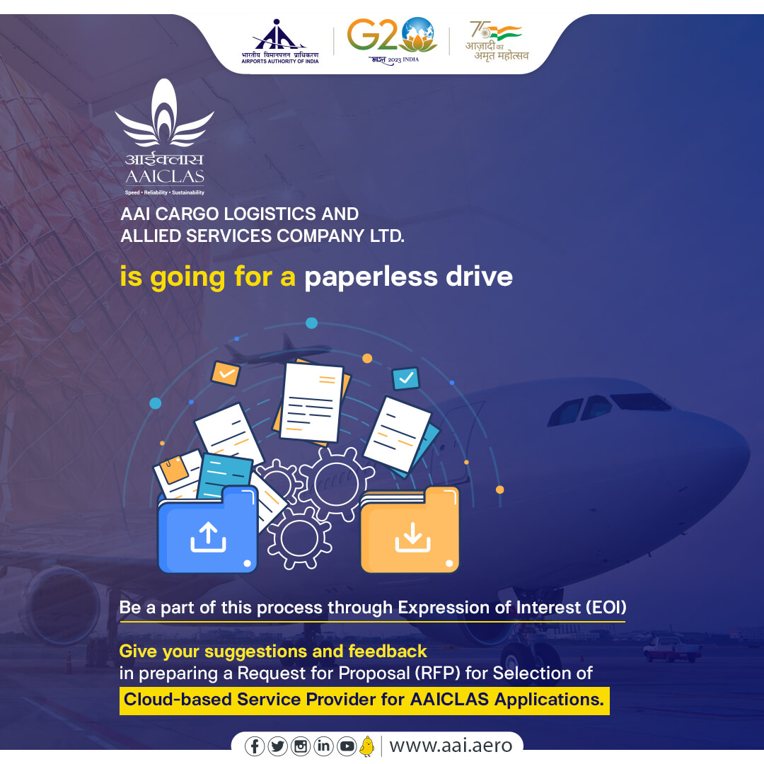 AAI_Official's tweet photo. #AAICLAS plays a crucial role in the efficient handling of cargo and logistics at various airports in India. As part of modernization paperless drive, @AAICLAS_in is seeking suggestions and feedback from qualified, established vendors in the field. https://t.co/imTJ1BeVH3