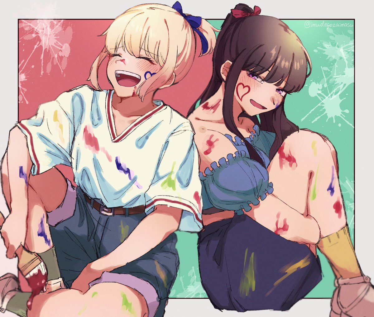 inoue takina ,nishikigi chisato multiple girls 2girls blonde hair paint splatter long hair paint splatter on face black hair  illustration images