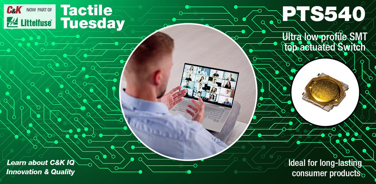 PTS540 series of ultra-low profile SMT top actuated switches are reliable and long-lasting. Available with a 3.7 x 3.7mm footprint and 0.35mm depth. 
Check out which PTS Series is right for your application:

ckswitches.com/products/switc…

#tactiletuesday #switch #consumerelectronics