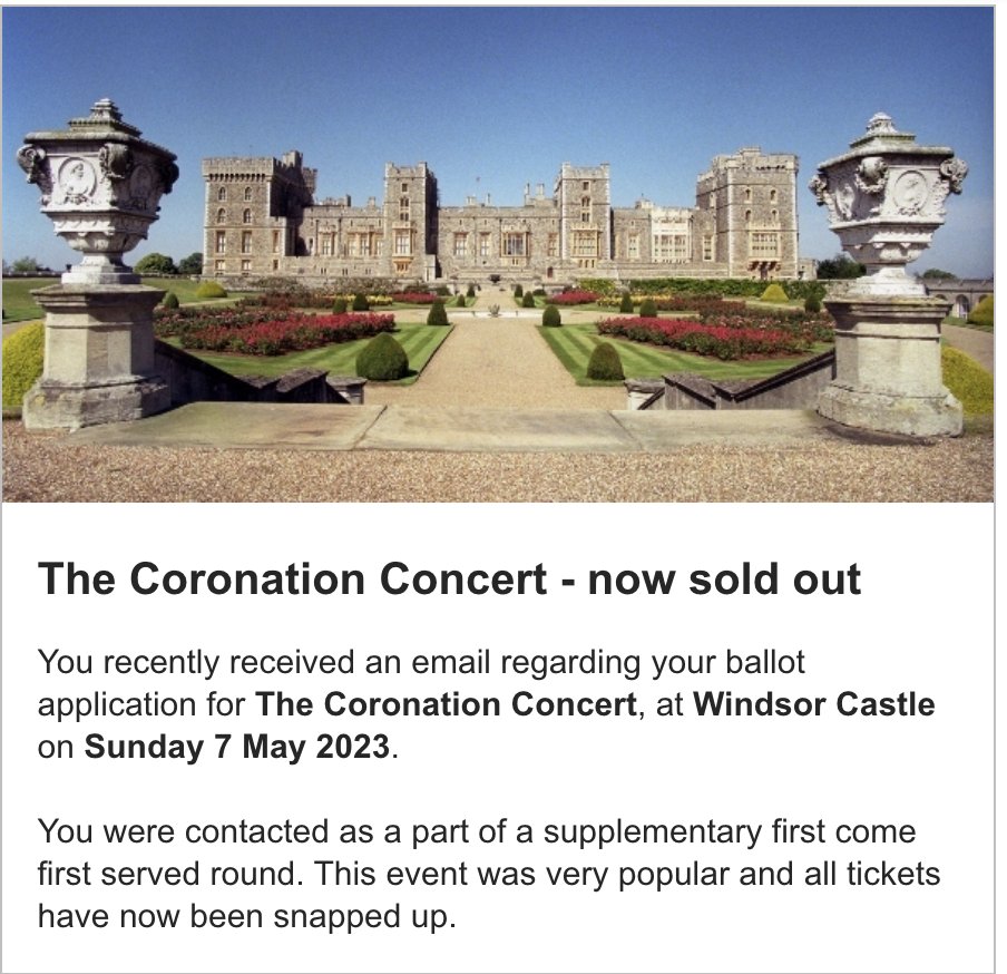 Sunita Davies F1 (@sunitadaviesf1) on Twitter photo I won tickets to the Kings Coronation concert 🥳 🇬🇧💃🏽 OR NOT 🤬
#CoronationConcert
<a href="/RoyalFamily/">The Royal Family</a>
<a href="/TicketmasterCS/">Ticketmaster CS</a> I won tickets to the Kings Coronation concert 🥳 🇬🇧💃🏽 OR NOT 🤬
#CoronationConcert
<a href="/RoyalFamily/">The Royal Family</a>
<a href="/TicketmasterCS/">Ticketmaster CS</a>