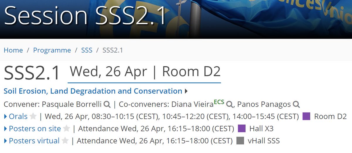 It is almost time for the 6th edition of our session Soil Erosion, Land Degradation and Conservation under @EGU_SSS. If you are in Vienna attending #EGU23, we have a whole day program on  #erosion  #soil #Science4Policy