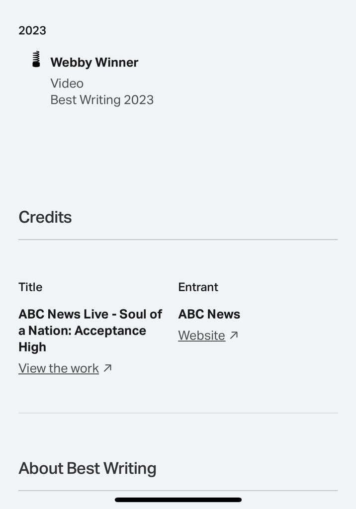 SteveOsunsami's tweet photo. Thank you 🙏🏿🙏🏿🙏🏿@TheWebbyAwards #BestWriting “Acceptance High” is still streaming on @hulu and @abcnewslive @youtube @abcnews (one of the best I’ve ever written, and such an cautionary story). 🥇 And thanks to the wonderful team that produced this special. https://t.co/nVG6S3SsU1