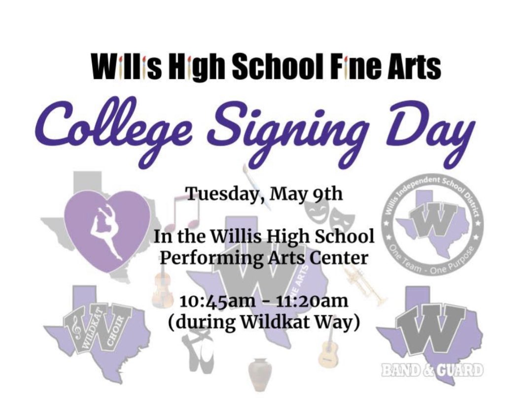CoachJGlenn's tweet photo. @WillisSchools @Willis_HS_TX please join us as we celebrate our talented fine art students for all the hard work and time they have spent towards this achievement. Fine Arts Signing Day!! PLEASE RETWEET! https://t.co/KH9iSuu5vi