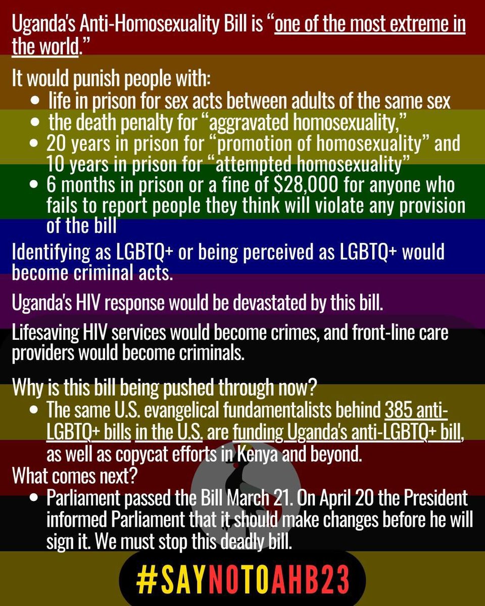 Join the Ugandan LGBTI movement in advocating for human rights &amp; stand against hate on Emergency Global Day of Action against Uganda's Anti-Homosexuality Bill, 2023. Let's unite to #SayNoToAHB23 and call on President Museveni to reject this harmful legislation. #HumanRights