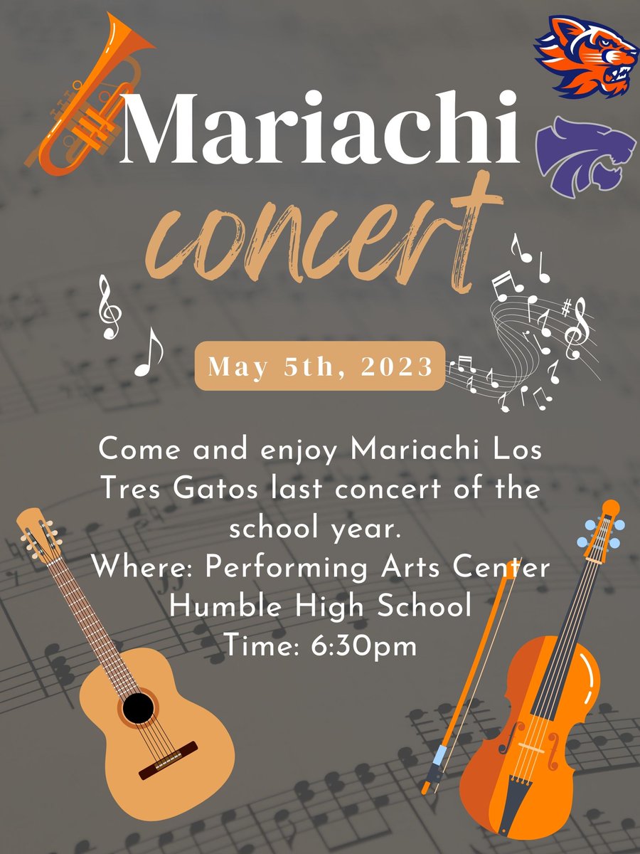 HumbleMariachi's tweet photo. You are invited to our last concert of the 22-23 school year. Come hear our awesome mariachis perform songs by Vicente Fernandez, Grupo Frontera and more #BetterEveryDay #HHSNextLevel #1Mission1Vision1Team @HumbleISD_HMS @HumbleISD_SMS @HumbleISD_HHS @HumbleISD_Arts https://t.co/kHPODiPmua