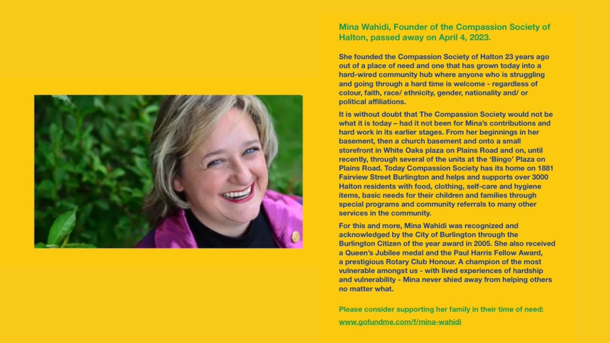 A gofundme page has been launched to support the family of Mina Wahidi, founder of the Compassion Society of Halton and 2005 #BurlON Citizen of the Year, who recently passed away. Mina was a tireless advocate in the community and will be truly missed. We are deeply saddened by