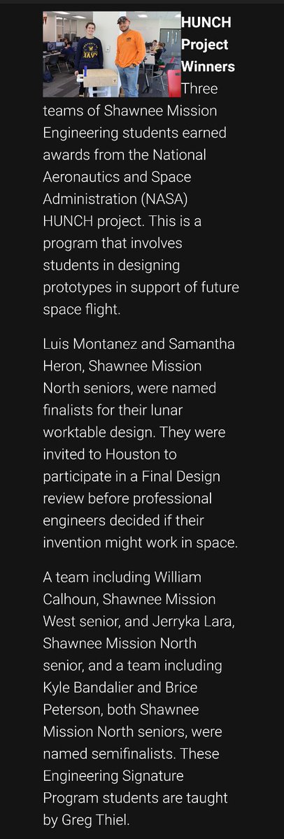 ReedFagan1's tweet photo. 5 awesome former students recognized in a NASA contest seeking designs for future space flight!
Our signature engineering program has students from all 5 of our high schools, and yet 5 of the 6 names here come from North!😁 #pltw @HockerGroveMS @SM_NORTH_HS @theSMSD https://t.co/baRl5mUwMo