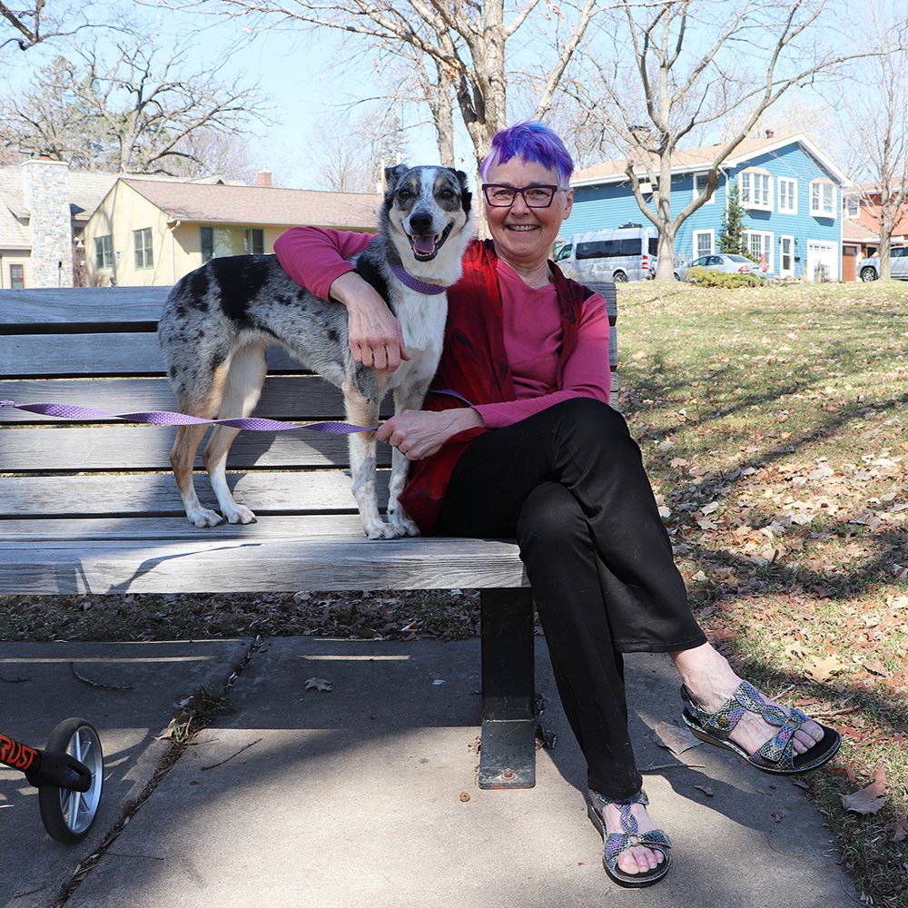 Mary is one of nearly a million Americans living with #ParkinsonsDisease. She stays active with multidisciplinary care from our experts: Going for walks with her rescue dog, Violet, and taking up recumbent tricycling. (1/3)