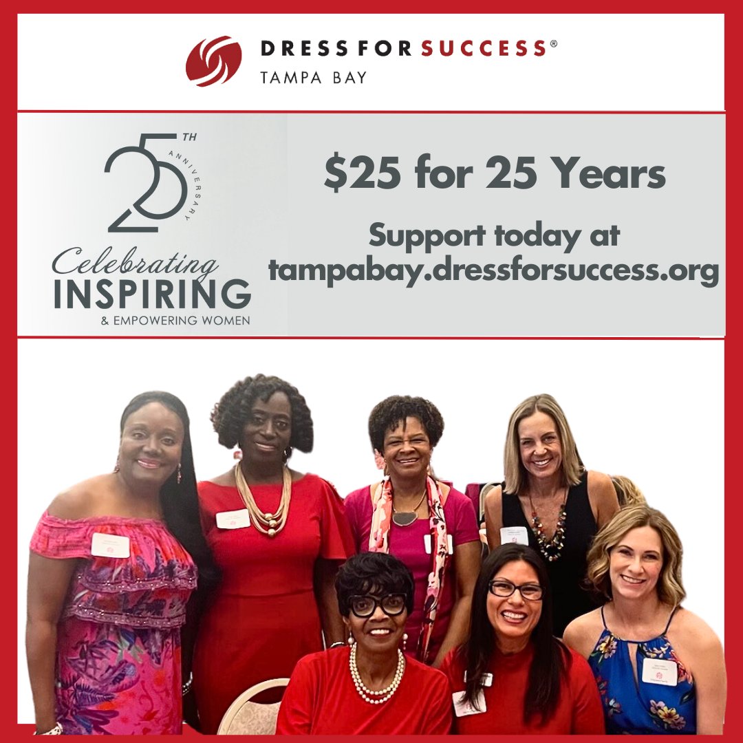 DFSTB is celebrating our 25th anniversary all year! It's the 25th of the month, so show our Clients the love with a $25 gift to advance our mission. In thanks, we'll send you the DFSTB 2023 Calendar! Visit tampabay.dressforsuccess.org - thank you!
#dressforsuccess #celebrating25years