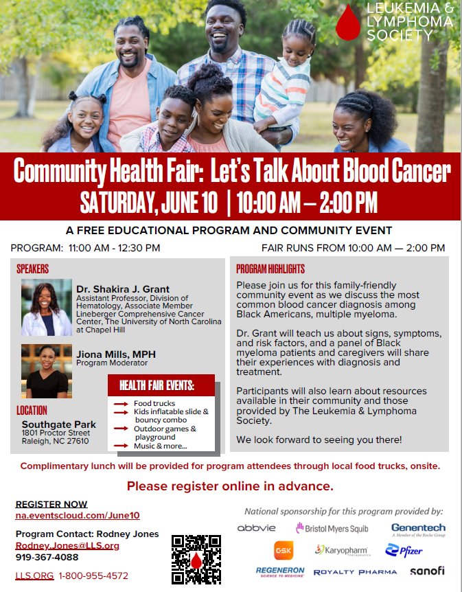 📢 Interested in a family fun event that offers education about #mmsm in the RDU NC area? Want to learn more about barriers to equitable healthcare access for #Black persons with #myeloma? Come join us (@jiona_alexia) as we discuss these topics on June 10th! @UNC_Lineberger #DEI