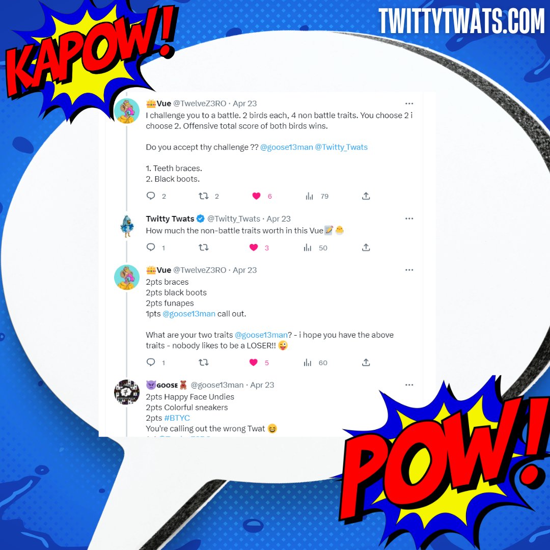 TwittyMeme4Ever's tweet photo. GM #Twatville
IDK whats more fun, seeing another #NFTCommunity jump up to max points on the #BattleFlags board or the fun BATTLE that happened in the thread
Peep this organic comic made by Vue & Goose impromptu when repping their communities
(winner of poll in comments)
๐งต๐ https://t.co/maKzWNAXs2