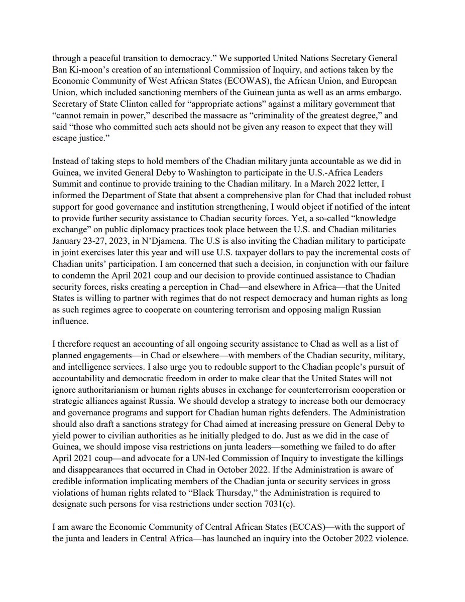 SFRCdems's tweet photo. The US' response to the Chadian military junta's horrifying abuses should be crystal clear.
We must prioritize accountability for those who violate #HumanRights & the rule of law.
We must advocate for a peaceful transition to democracy in Chad.
READ: My letter to @SecBlinken⬇️ https://t.co/WSzIKTjUei