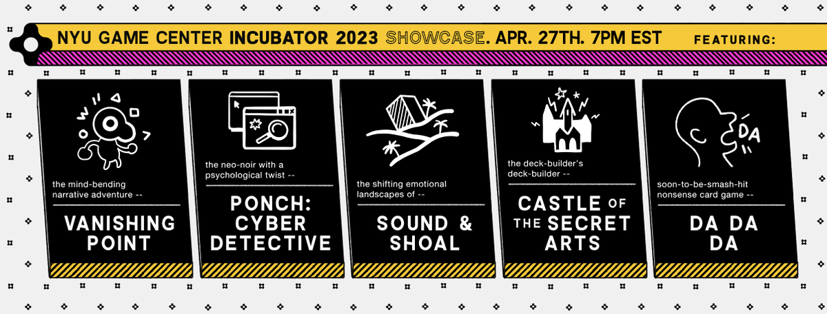 THIS THURSDAY at 7:00pm EST!

Join us for the NYU Game Center Incubator Showcase 2023! Hear from the developers of this year's Incubator games in discussion with their executive producers.

LIVE on our Twitch channel: twitch.tv/nyugamecenter