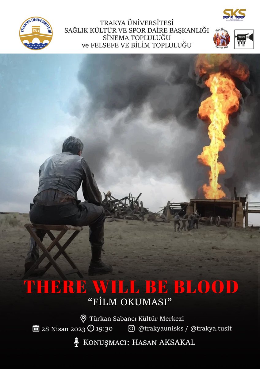 28 Nisan Cuma Saat 19:30’da Türkan Sabancı Kültür Merkezinde Felsefe ve Bilim Topluluğuyla yapacağımız ortak etkinlikte “There Will Be Blood”filminin gösterimini gerçekleştireceğiz. Gösterimin ardından sevgili Hasan Aksakal bizlerle olacak. Vakti olan herkesi bekleriz📽📽