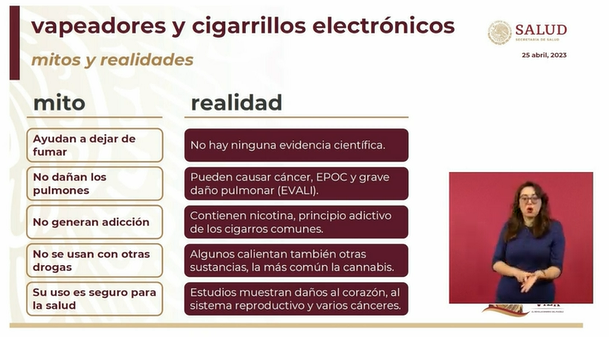Los vapeadores no ayudan a dejar de fumar a las personas ya adictas. "El otro mito es que no dañan los pulmones, ¡falso! Los vapores llegan hasta los alvéolos y causan inflamación”, explicó el subsecretario de <a href="/SSalud_mx/">SALUD México</a>, <a href="/HLGatell/">Hugo López-Gatell Ramírez</a> <a href="/Notimex/">Notimex</a> #Mañanera #AMLO #RedAMLO