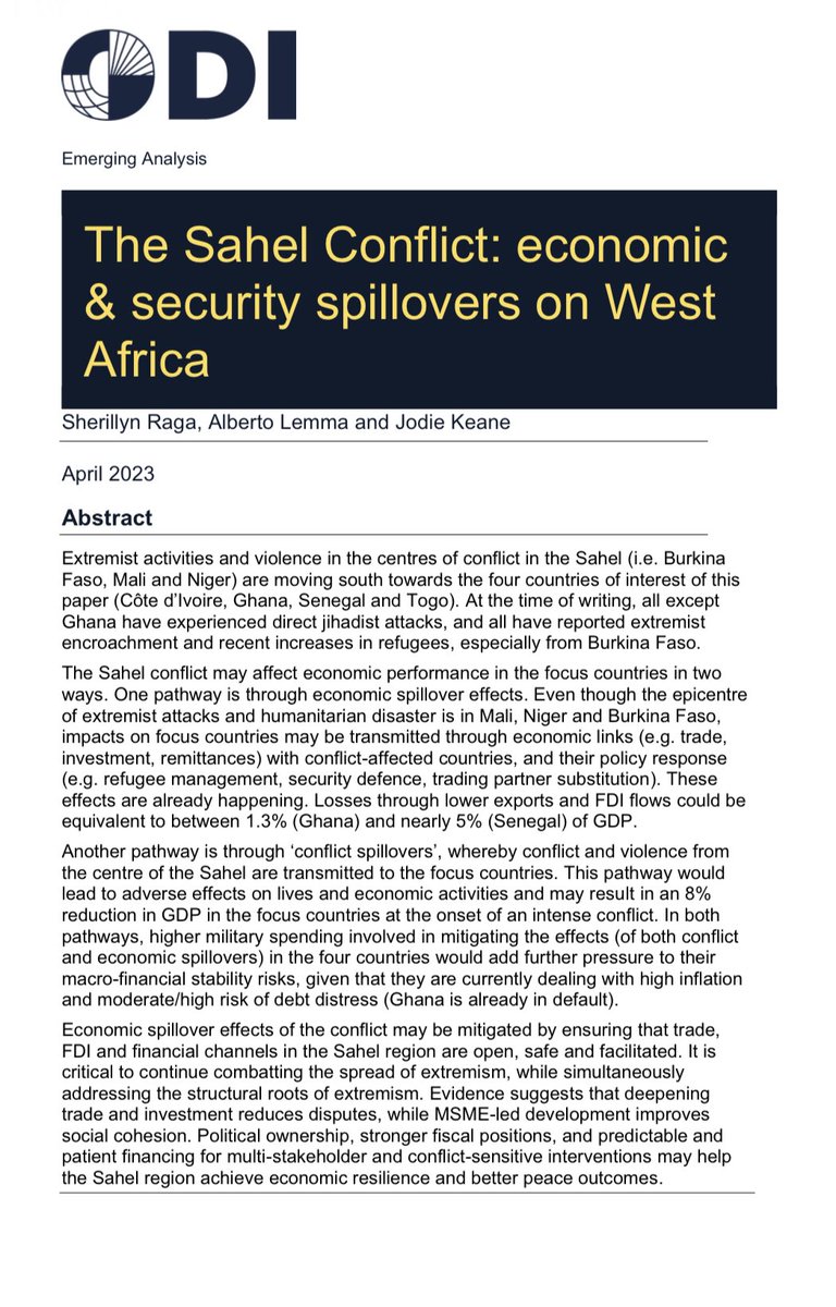sherillyn_raga's tweet photo. #Sahelconflict is moving south, with significant spillover effects in West African countries 🇨🇮🇬🇭🇸🇳🇹🇬 up to 5% of GDP via bilateral exports &amp; FDI channels alone; up to 8% of GDP if the conflict spread to the region. Our analysis here https://t.co/VemprK1bIo @giz_gmbh @ODI_Global https://t.co/JeHKIt8bGr