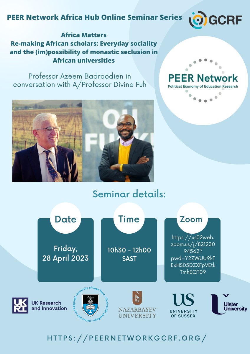 Join our next exciting online seminar hosted by our <a href="/PEERNetworkGCRF/">PEER Network</a>  Africa Hub! “Re-making African scholars: Everyday sociality and the (im)possibility of monastic seclusion in African universities”.  28th April@10.30am (SA)
#education #gcrf