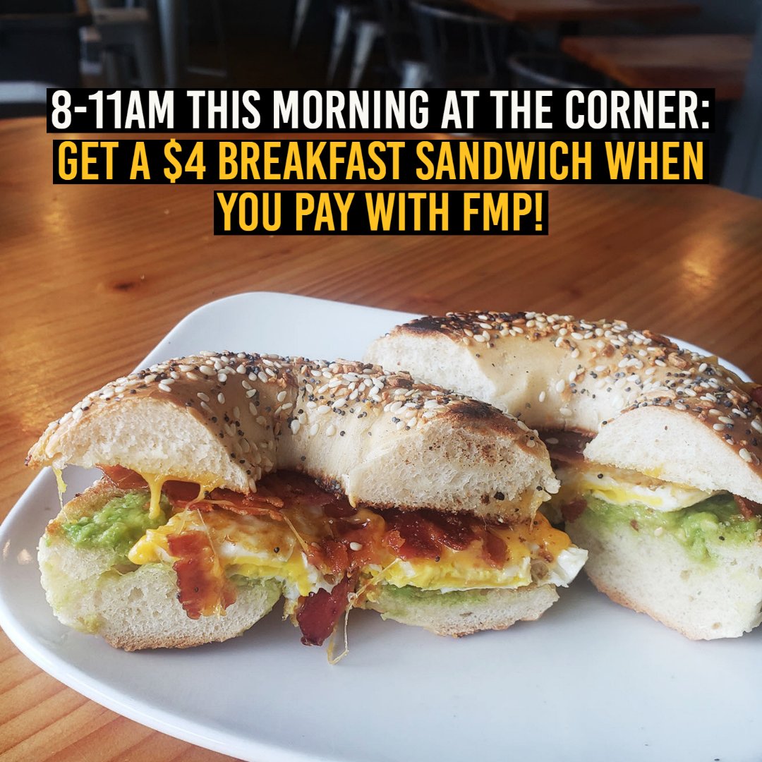 Stop by The Corner today between 8-11AM and get a breakfast sandwich for just $4 when you pay with your Flatiron Meal Plan! Limit 1 sandwich per cardholder, must pay with FMP to qualify, extras cost extra, can't be combined with other discounts.