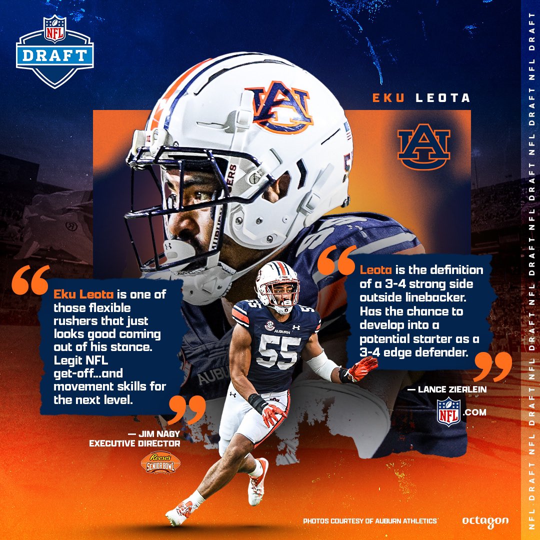 “Leota is the definition of a 3-4 strong side outside linebacker. Has the chance to develop into a potential starter as a 3-4 edge defender.” – <a href="/LanceZierlein/">Lance Zierlein</a> (<a href="/NFL/">NFL</a>.com)
 
Learn more about what is being said about <a href="/ekuleota/">Eku Leota</a>. ⤵️ #NFLDraft