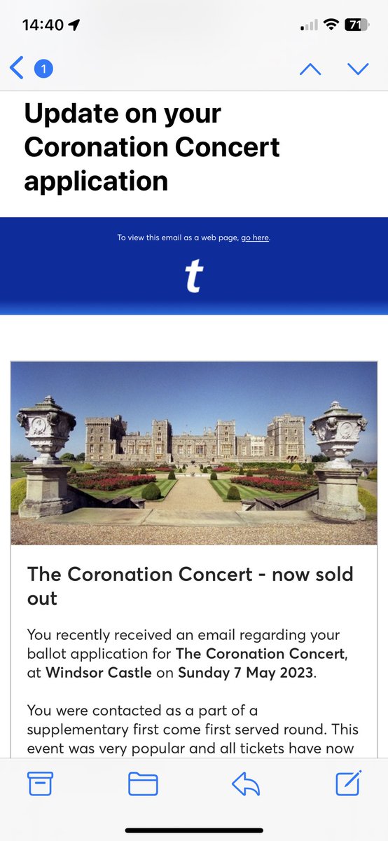 lynnclipstone's tweet photo. What a shambles. Ballot my backside. This cheery follow up email just adds to the insult. It. Was. A. Ballot. You can’t change it after the event!!

#CoronationConcert #Ticketmaster https://t.co/FgkggDy25B