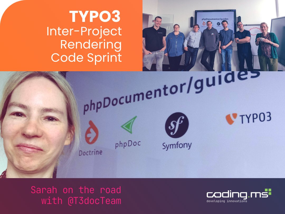 codingms's tweet image. Unsere Sarah war beim Documentation Code Sprint des @TYPO3 Teams in Düsseldorf dabei! Zusammen mit der Teamleiterin @lina_wolf, @ProvenPudding, @wouterjnl, @derrabus & Co. arbeitete sie an der Umgestaltung der #TYPO3-Dokumentation mit dem #opensource #phpDocumentor.