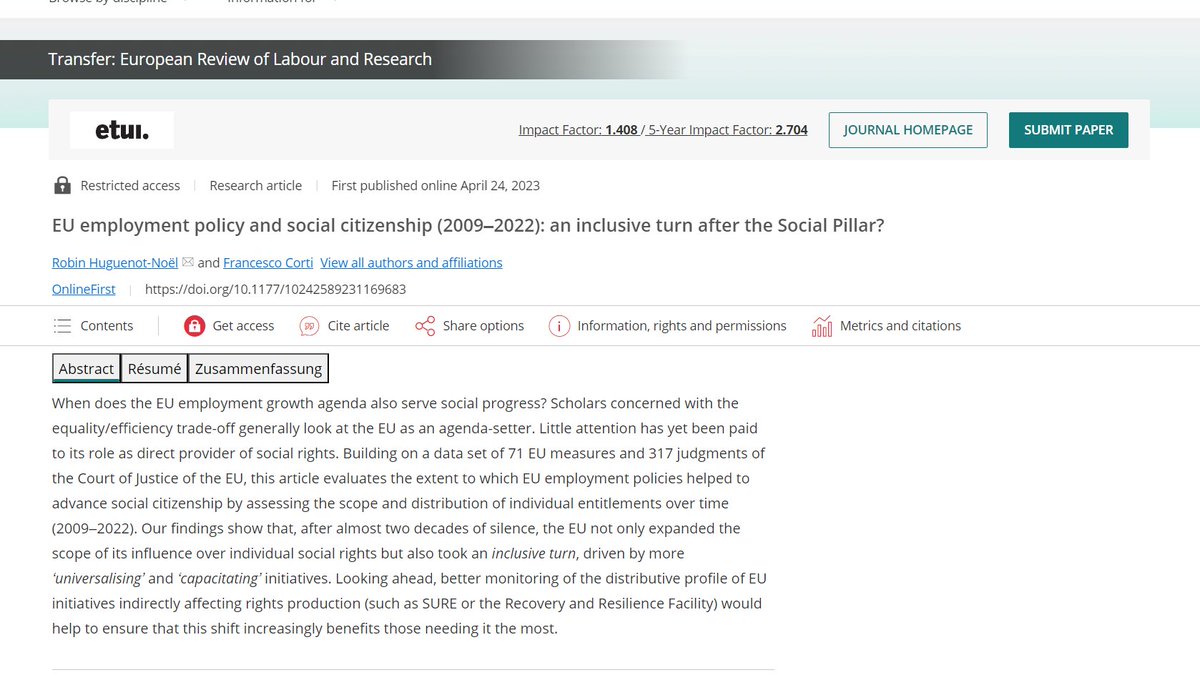 f_corti1992's tweet photo. When EU employment growth agenda serve social progress? New article w @rhuguenotnoel on post financial crisis EU employment policy agenda &amp; impact on social rights! Is there an inclusive turn after the Social Pillar? 
Read on @transfer_etui 👇Thanks @MaartenKeune @philippepochet! https://t.co/TQRvvP2gMo