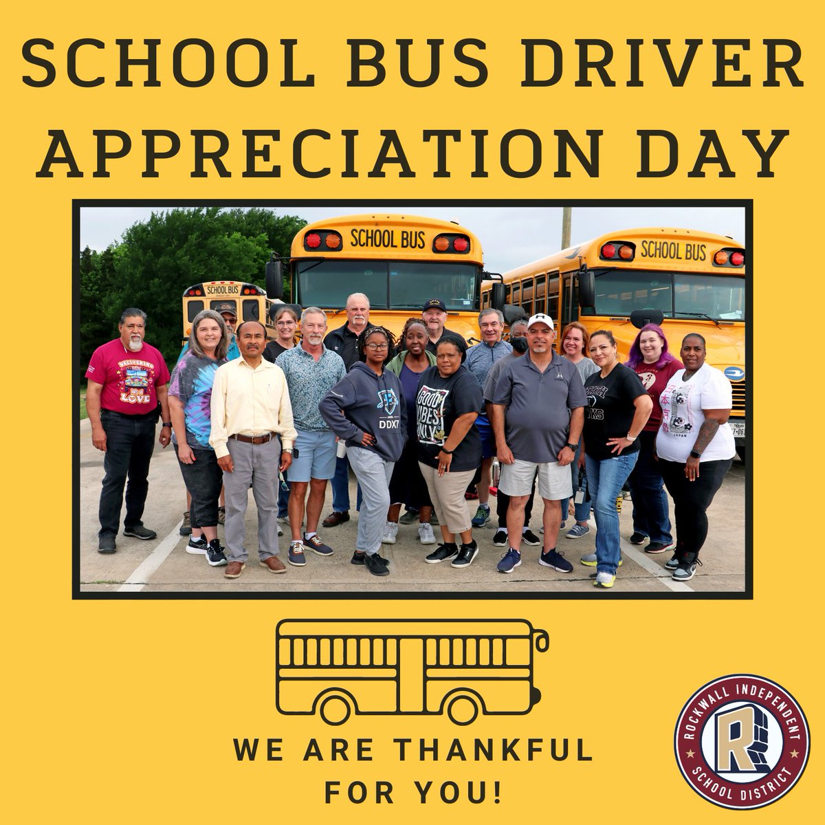 Happy School Bus Driver Appreciation Day to all of our dedicated bus drivers. They are always on the go making sure students safely get to where they need to go, so this picture is just a few of our amazing drivers. If you see a school bus driver today, make sure to say "thanks!"