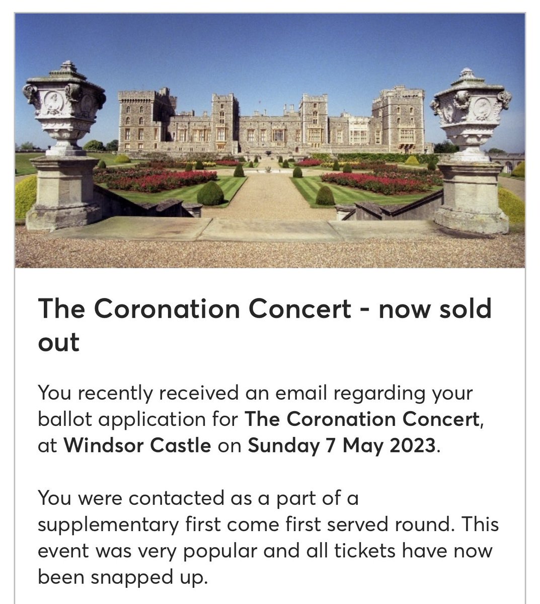 rachelroach's tweet photo. @TicketmasterCS #CoronationConcert 
Two emails = one massive disappointment!!   How can you possibly justify this awful communication and process?? 😔 https://t.co/qWgelLU3Jm