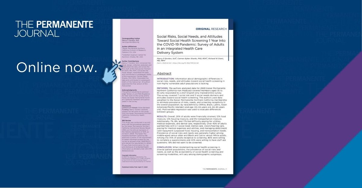 PermanenteJ's tweet photo. New original research: "Social Risks, Social Needs, and Attitudes Toward Social Health Screening 1 Year Into the COVID-19 Pandemic: Survey of Adults in an Integrated Health Care Delivery System" (Gordon et al.)
--
Read for free in TPJ: https://t.co/5sRTMEMDyD https://t.co/e3JfolR7CF