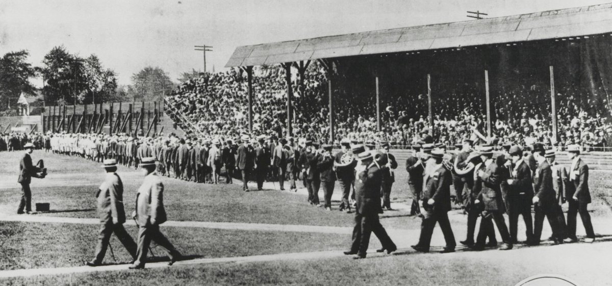 tigers's tweet photo. We played the American League's first game in Detroit #OTD in 1901, scoring 10 runs in the 9th to beat Milwaukee, 14-13, at Bennett Park.

It remains the largest comeback win on Opening Day in @MLB history. https://t.co/D9bIlELLXW