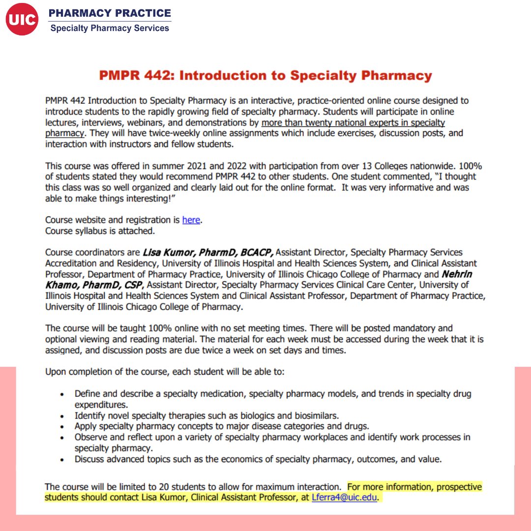 UIC_SPS's tweet photo. Register for our online elective INTRODUCTION TO SPECIALTY PHARMACY for Summer 2023! Available to ALL PharmD students! For more information &amp; contact info, visit https://t.co/HnhYc1I0Cd or contact Dr. Lisa Kumor at lferra4@uic.edu https://t.co/5KBpoMrvwz