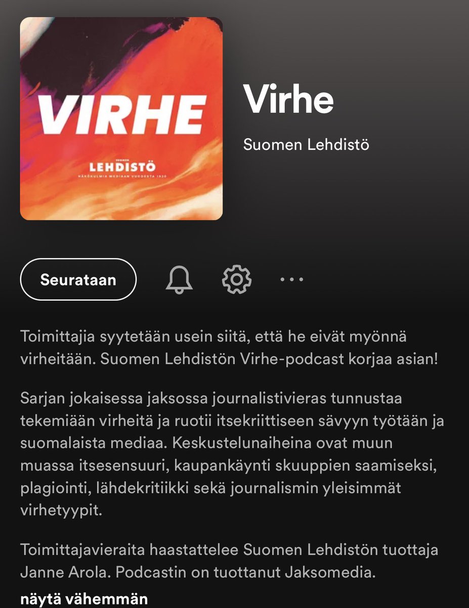 Aika kiinnostavan oloinen uusi mediapodcast <a href="/SuomenLehdisto/">Suomen Lehdistö</a>! Sarjan jokaisessa jaksossa toimittajavieras tunnustaa virheensä. Kuumottavia täkyjä tulossa olevista teemoista 🤔 #mediakritiikki #journalismi open.spotify.com/show/06l6Mf4Kc…